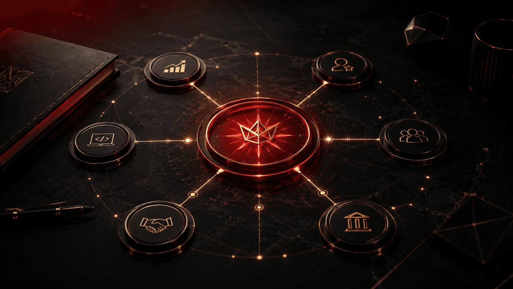 An MBC compass at the centre of six connected capability nodes forming one ecosystem