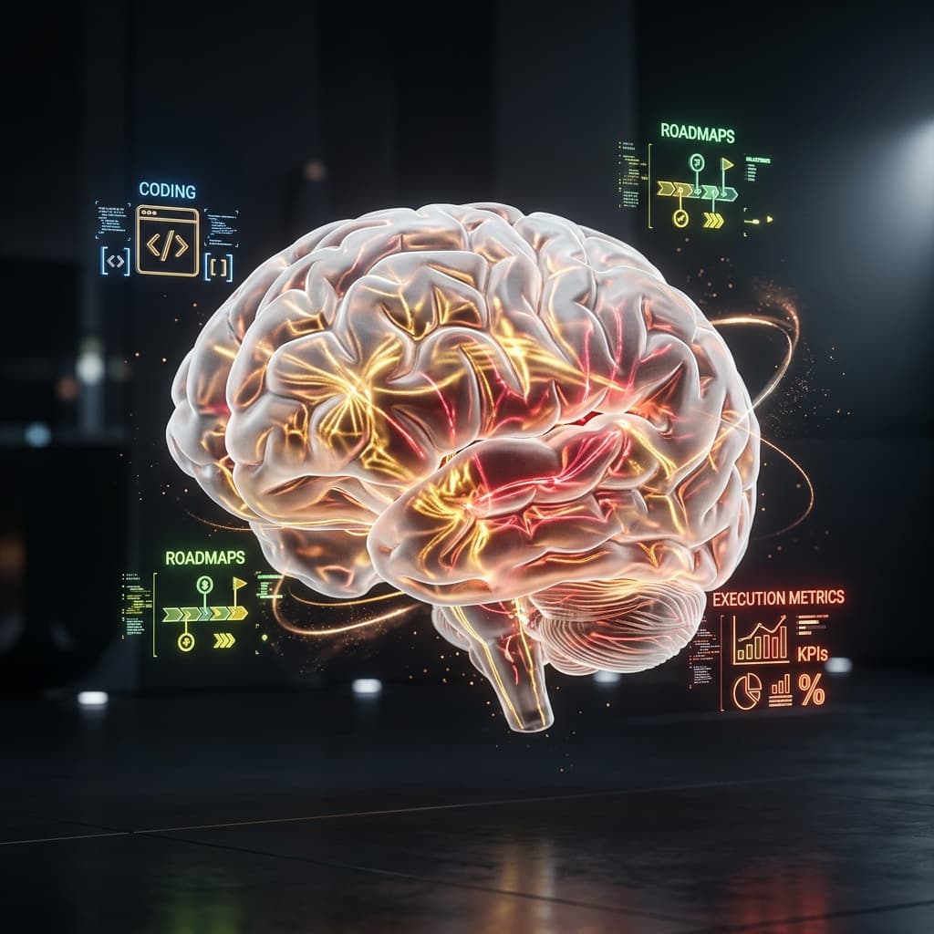 A glowing brain surrounded by product and execution capability icons