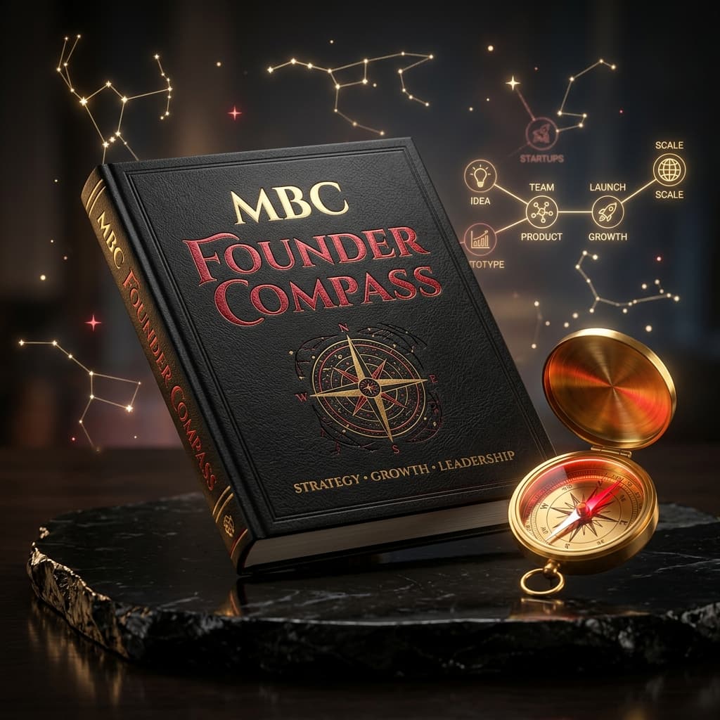 The MBC book beside a glowing red-and-gold compass on a map of connected founder milestones