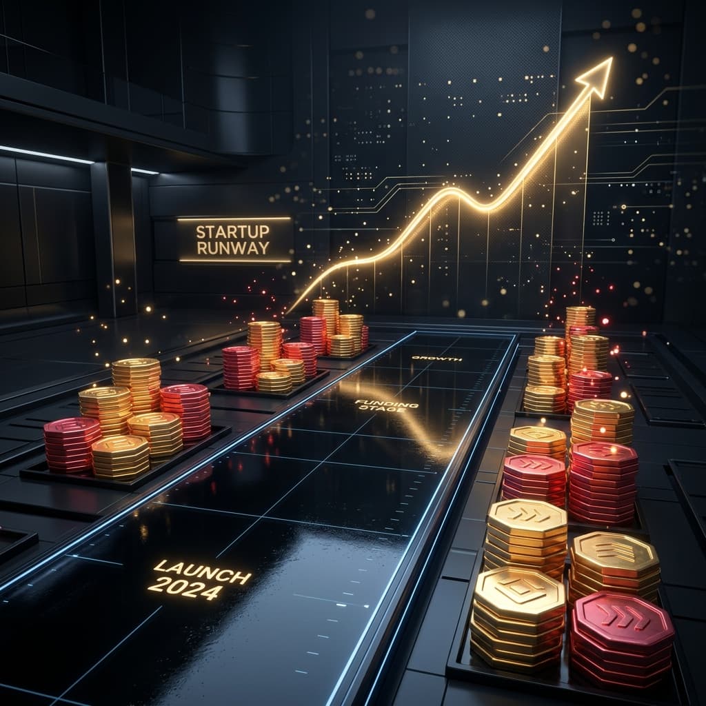 A runway, money bag, coins and a rising growth curve representing capital and momentum