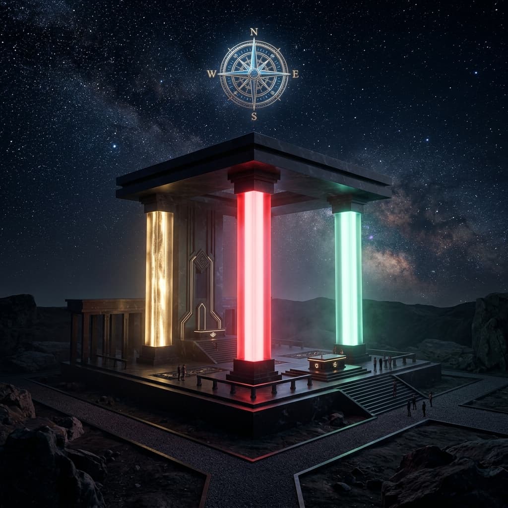A temple resting on three glowing pillars labelled Money, Brains, and Connections beneath an MBC compass