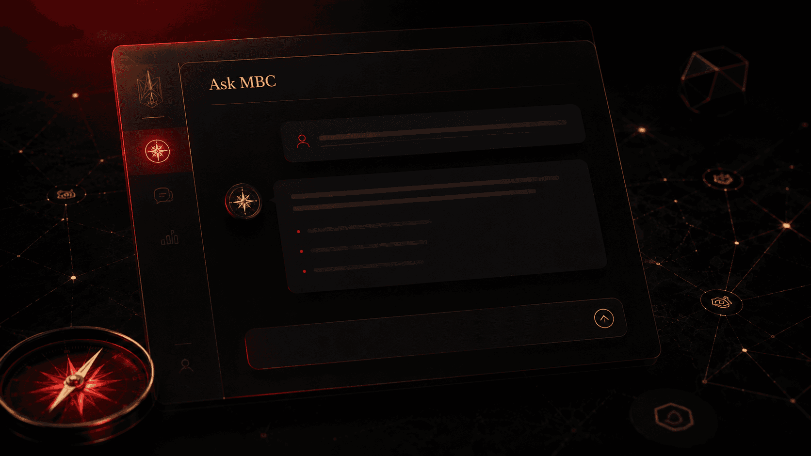 The Ask MBC advisory console, a premium dark chat interface with a compass mark